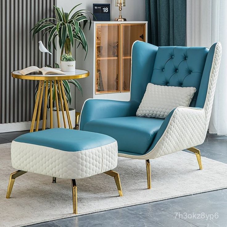 Teal and ivory quilted wingback chair with ottoman and gold legs