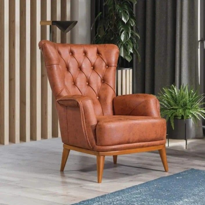 Cognac leather tufted wingback accent chair