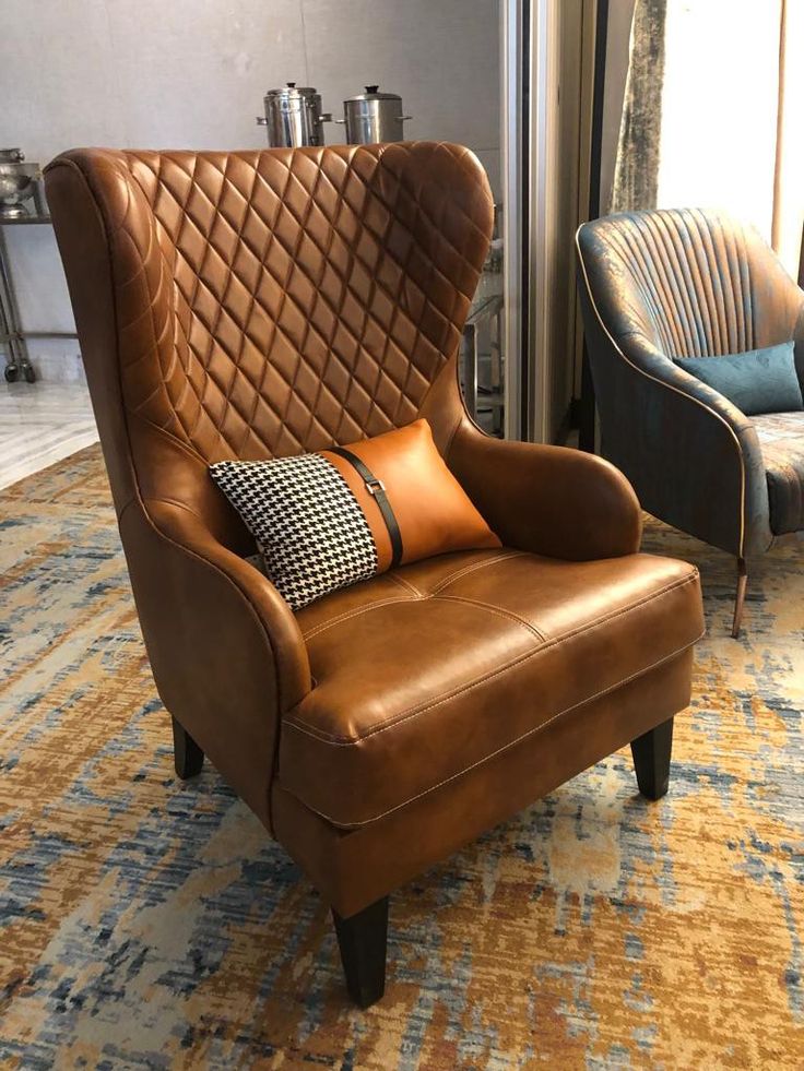 Chestnut brown tufted wingback accent chair with cushion