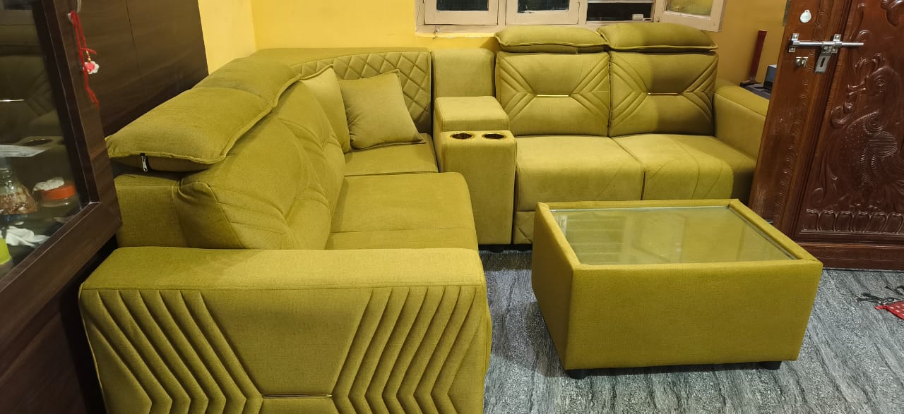 Ivory tufted corner sofa with matching armchairs