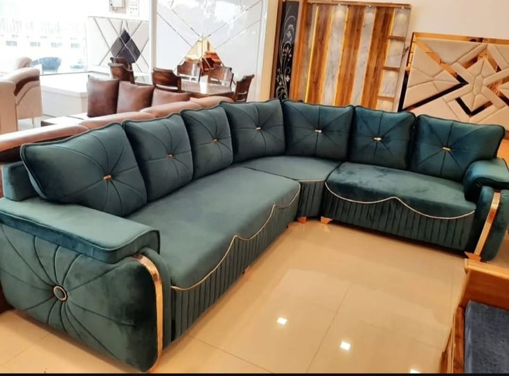 Mocha brown velvet corner sofa set with gold trim ottomans