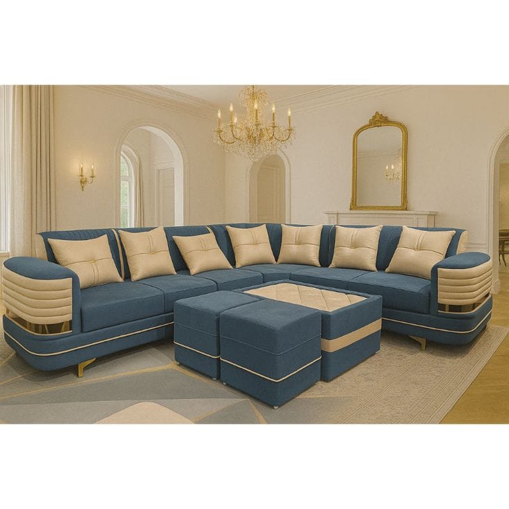 Dark brown suede corner sofa set with glass table