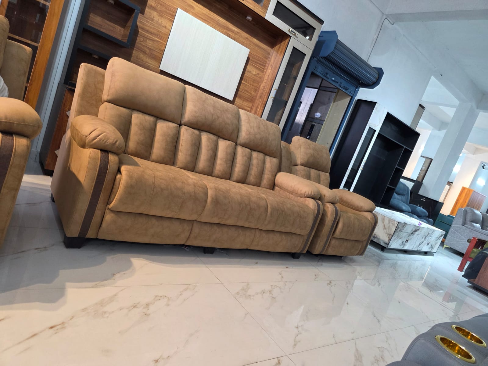 Pearl grey corner sofa set with wood trim and orange cushions