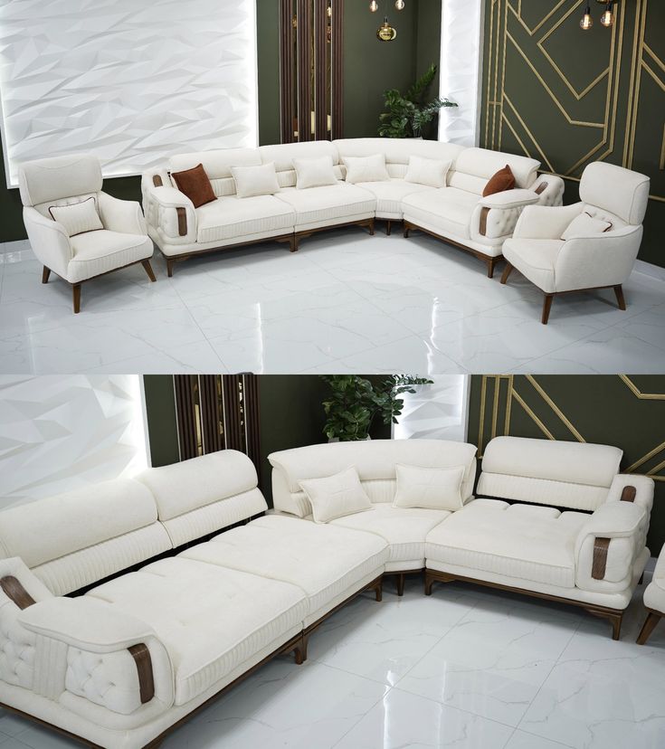 Olive green corner sofa set with cup holders