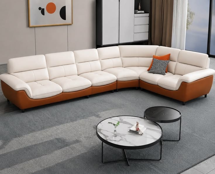 Ivory corner sofa set with cup-holder console