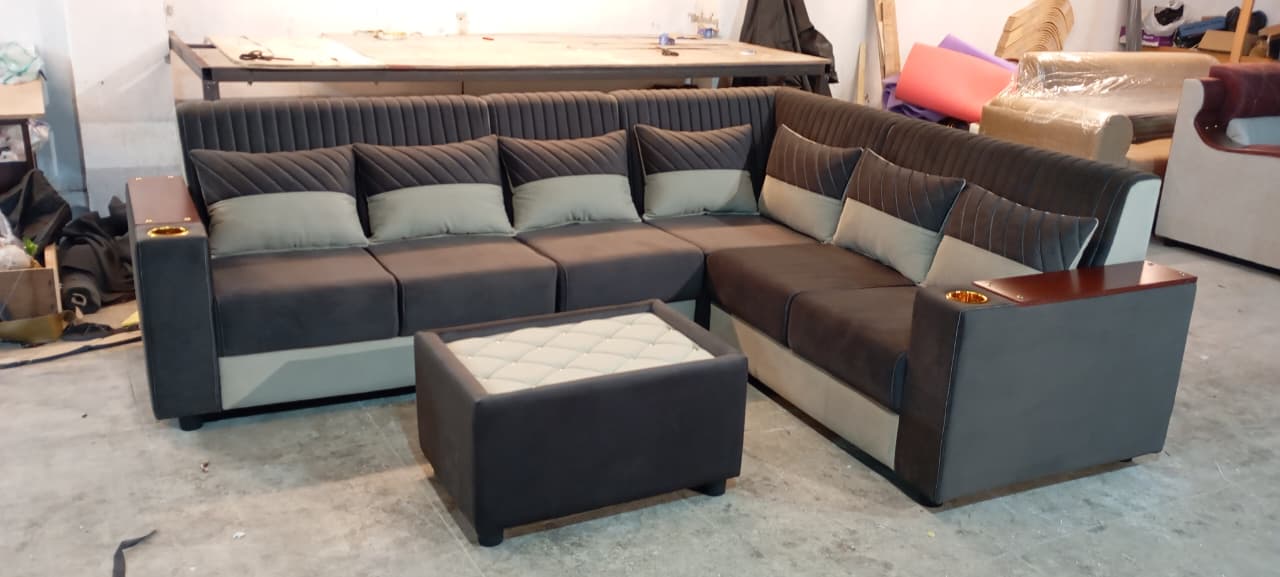 Charcoal and grey two-tone corner sofa set with cushions