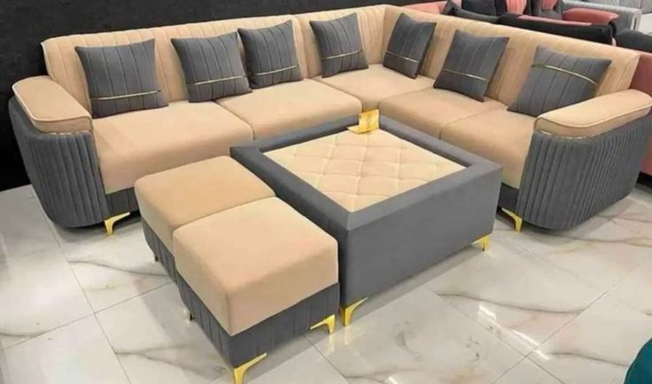 Sand and grey corner sofa set with gold legs and ottomans