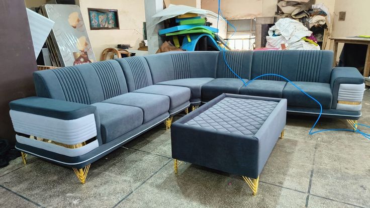 Slate blue and white corner sofa set with gold legs