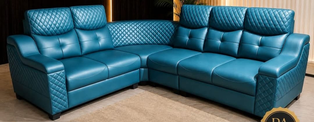 Teal leather quilted corner sofa set