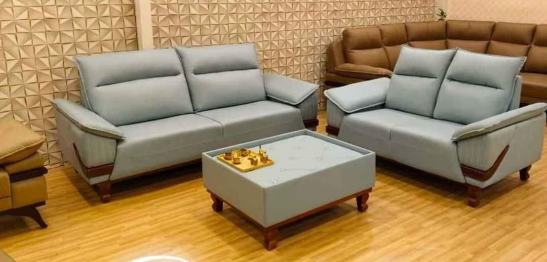 Powder grey loveseat pair with wood trim