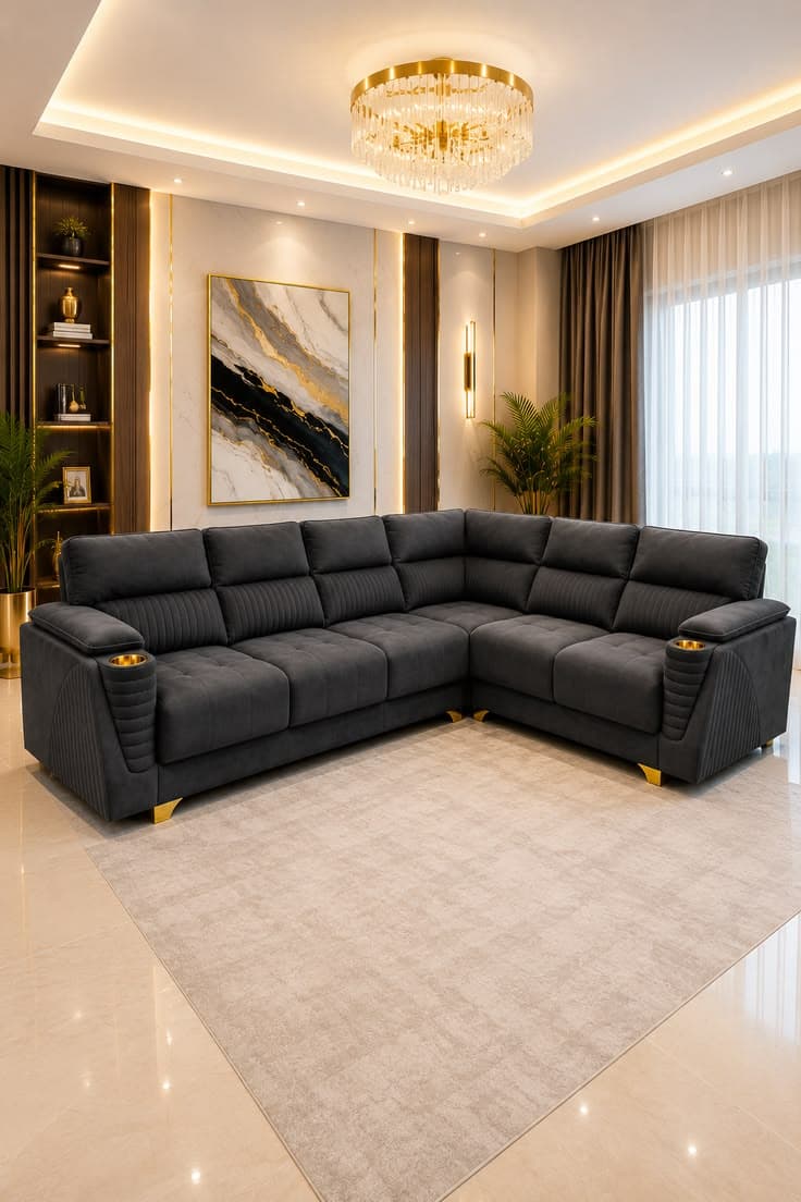 Graphite grey corner sofa set with gold legs in a luxury room