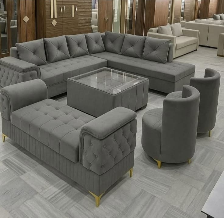 Dove grey velvet corner sofa set with round accent chairs