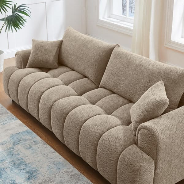 Taupe channel-tufted boucle sofa
