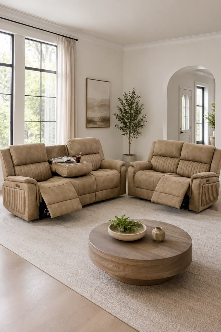 Camel fabric reclining loveseat pair in a living room