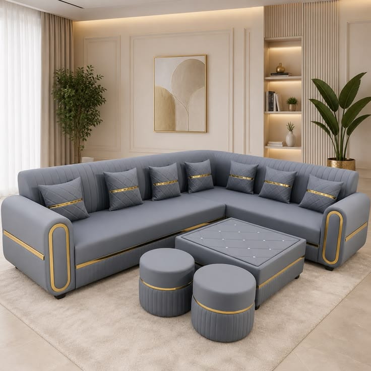 Silver grey corner sofa set with gold trim and matching ottomans