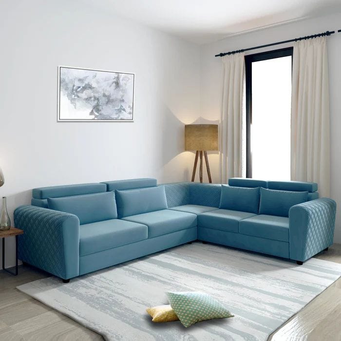 Sky blue corner sofa set in a living room