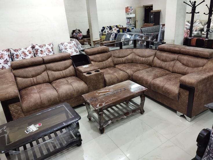 Cocoa brown suede corner sofa set with floral cushions