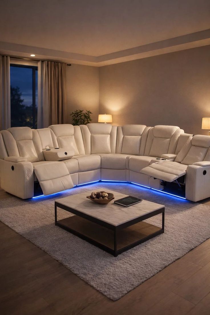 Ivory reclining sectional sofa with built-in blue LED ambient lighting